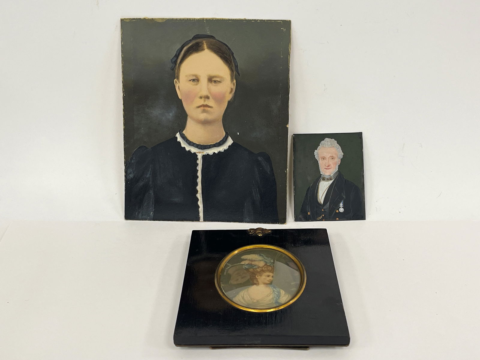 TWO SMALL PORTRAITS PAINTINGS,PRINT OF A LADY CANNED (1 of 3)
