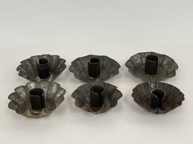 SIX TIN CANDLE CUPS WITH CRIMPED EDGES