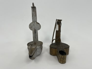 TWO PAINTED DOUBLE BETTY GREASE LAMPS