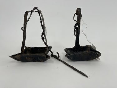 TWO EARLY IRON GREASE PEN LAMPS