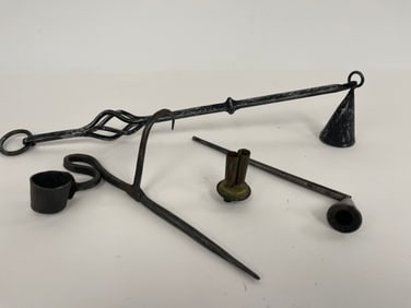 MISC GROUPING OF EARLY LIGHTING RELATED ITEMS INCLUDING A CANDLE STICKING TOMMY