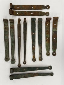 SIX PAIRS OF EARLY IRON HINGES MOST PAINTED