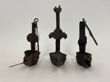 THREE IRON DOUBLE BETTY LAMPS