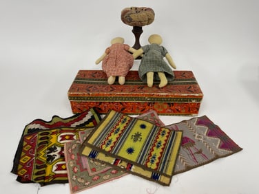 MISC LOT CLOTH DOLLS,WALLPAPER BOX , TOBACCO SILKS