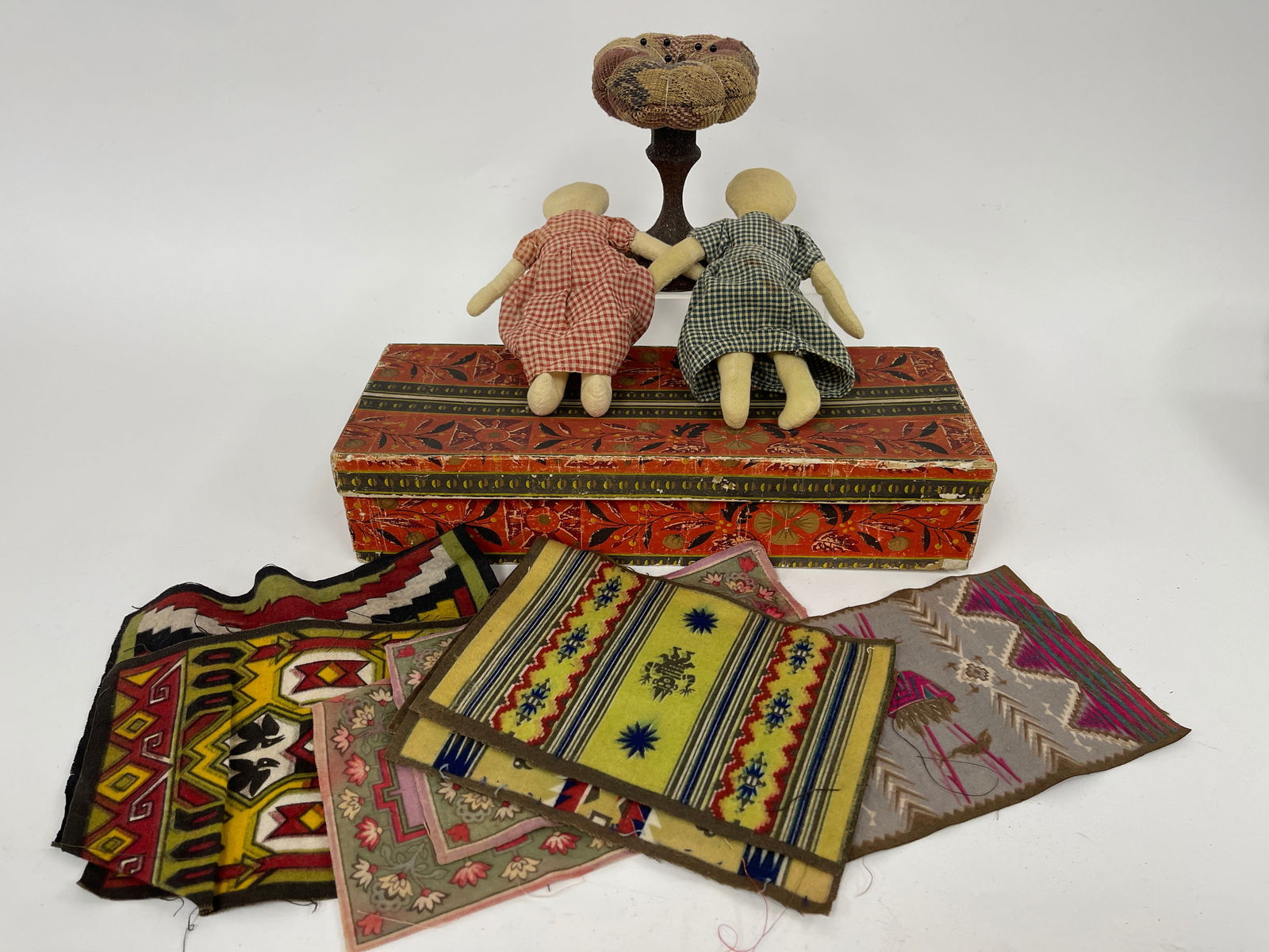 MISC LOT CLOTH DOLLS,WALLPAPER BOX , TOBACCO SILKS (1 of 3)