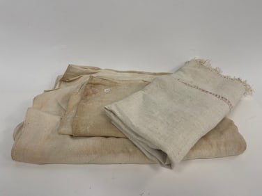 THREE CREAM HOMESPUN , SHEET , TABLE RUNNER , PILLOW CASE