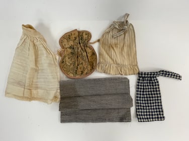 EARLY TEXTILE LOT DOLLS SKIRTS,BAG