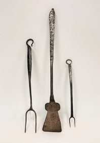 THREE EARLY IRON UTENSILS TWO FORK , SPATULA