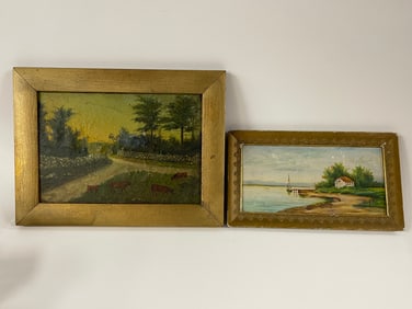 TWO OIL PAINTINGS OF COWS AND DOCK SCENE