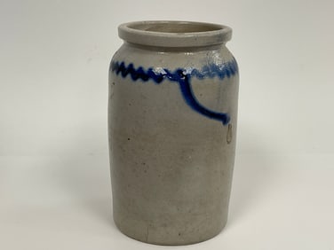 19TH C STONEWARE JAR W/ COBALT BLUE SWIRL HAIRLINES