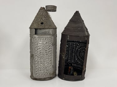 TWO PIERCED TIN CANDLE LANTERNS AS FOUND
