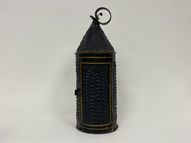 PIERCED TIN CANDLE LANTERN PAINTED WITH GOLD HIGHLIGHTS