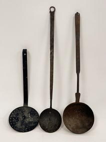 TWO IRON LADLES , STRAINER LONGEST