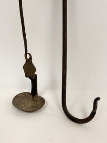 EARLY IRON FAT LAMP ,TALL IRON FIREPLACE HOOK