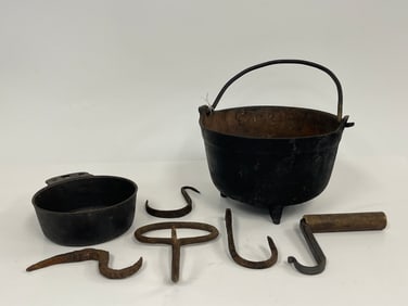 EARLY IRON GROUPING, THREE LEGGED POT