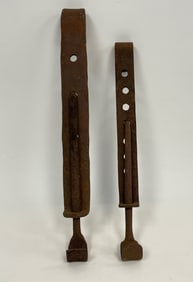 TWO EARLY IRON ADJUSTABLE TRAMMEL HOOKS FOR FIREPLACE POTS