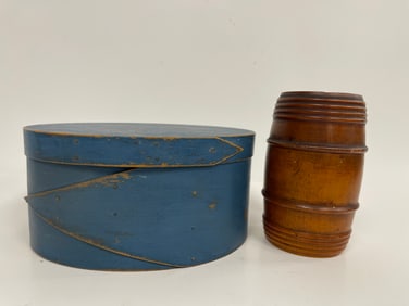 BLUE PAINTED PANTRY BOX , BARREL BOX