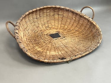 19TH C WINNOWING BASKET W/2 NOTCHED BENTWOOD HANDLES
