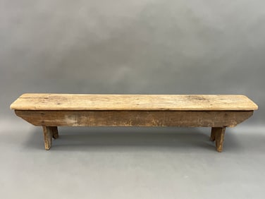 19TH C PRIMITIVE PINE LOW BUCKET BENCH SG. NAILED , BOOTJACK ENDS