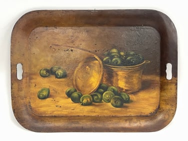 19TH C PAINTED TIN TRAY W/ FRUIT IN A COPPER POT STILL LIFE HEART HANDLES