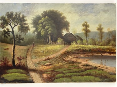 EARLY O/C OF A COUNTRYSIDE HOMESTEAD W/ POND & A WOMAN ON A PATH