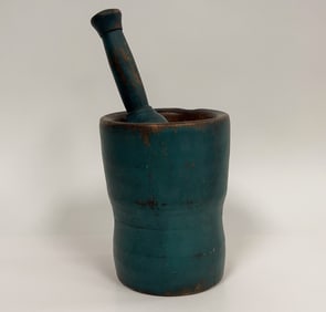 BLUE PAINTED MORTAR AND PESTLE