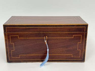 LARGE 19TH C LINE INLAID ENGLISH TEA CADDY