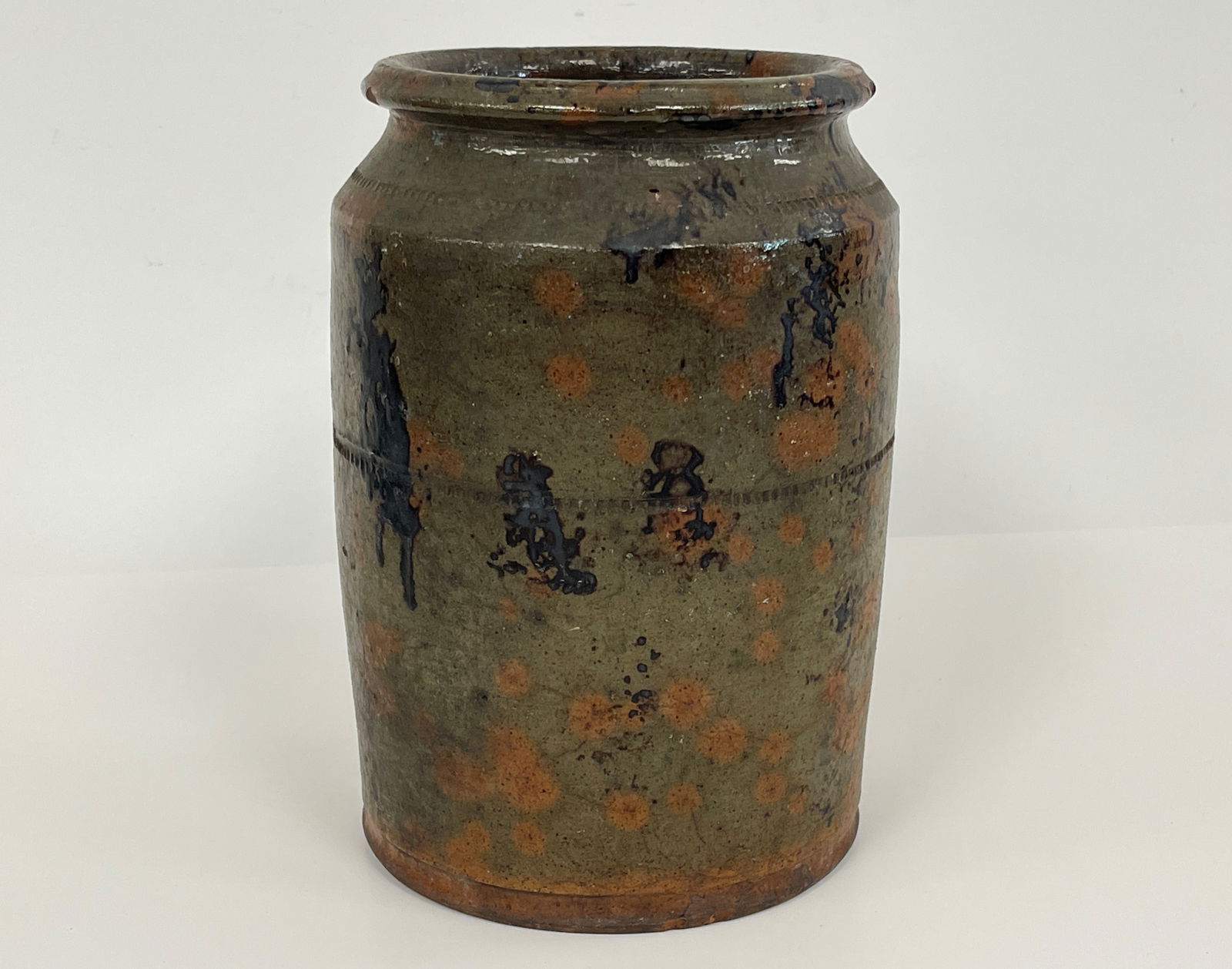LARGE DECORATED REDWARE CROCK (1 of 6)