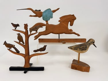 TWO FOLK ART CARVINGS , CARVED BIRDS SIGNED