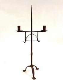 LOVELY 18THC FORGED IRON QUEEN ANNE TABLETOP CANDLE STANDARD W/ IMPLEMENT HOOKS