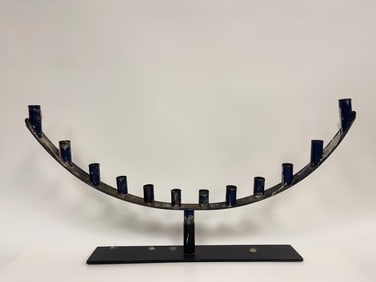 BLUE PAINTED TWELVE TIN CANDLE HOLDER