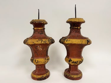PAIR OF FOLK ART PAINTED CANDLE PRICKETS
