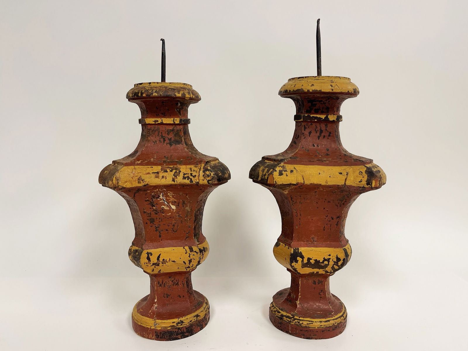 PAIR OF FOLK ART PAINTED CANDLE PRICKETS (1 of 5)
