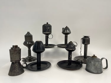 LOT OF VARIOUS 8 PCS. OF TIN WHALE OIL LAMPS W/ BURNERS