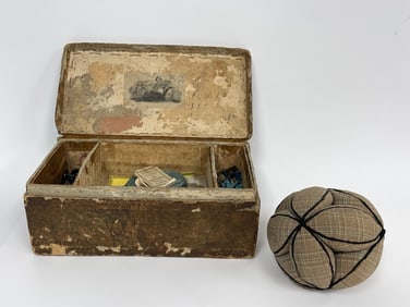 19TH C HAND SEWN & WALLPAPER COVERED SEWING NOTIONS BOX