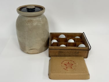 LOT OF 1903 STAR EGG CARRIER W/ COVER AND 6 MILK GLASS NESTING EGGS WITH A 19TH C STONEWARE CROCK /
