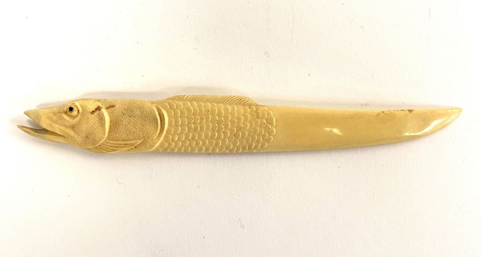 CARVED BONE STURGEON HANDLED LETTER OPENER: CARVED BONE STURGEON HANDLED LETTER OPENER 8.5"