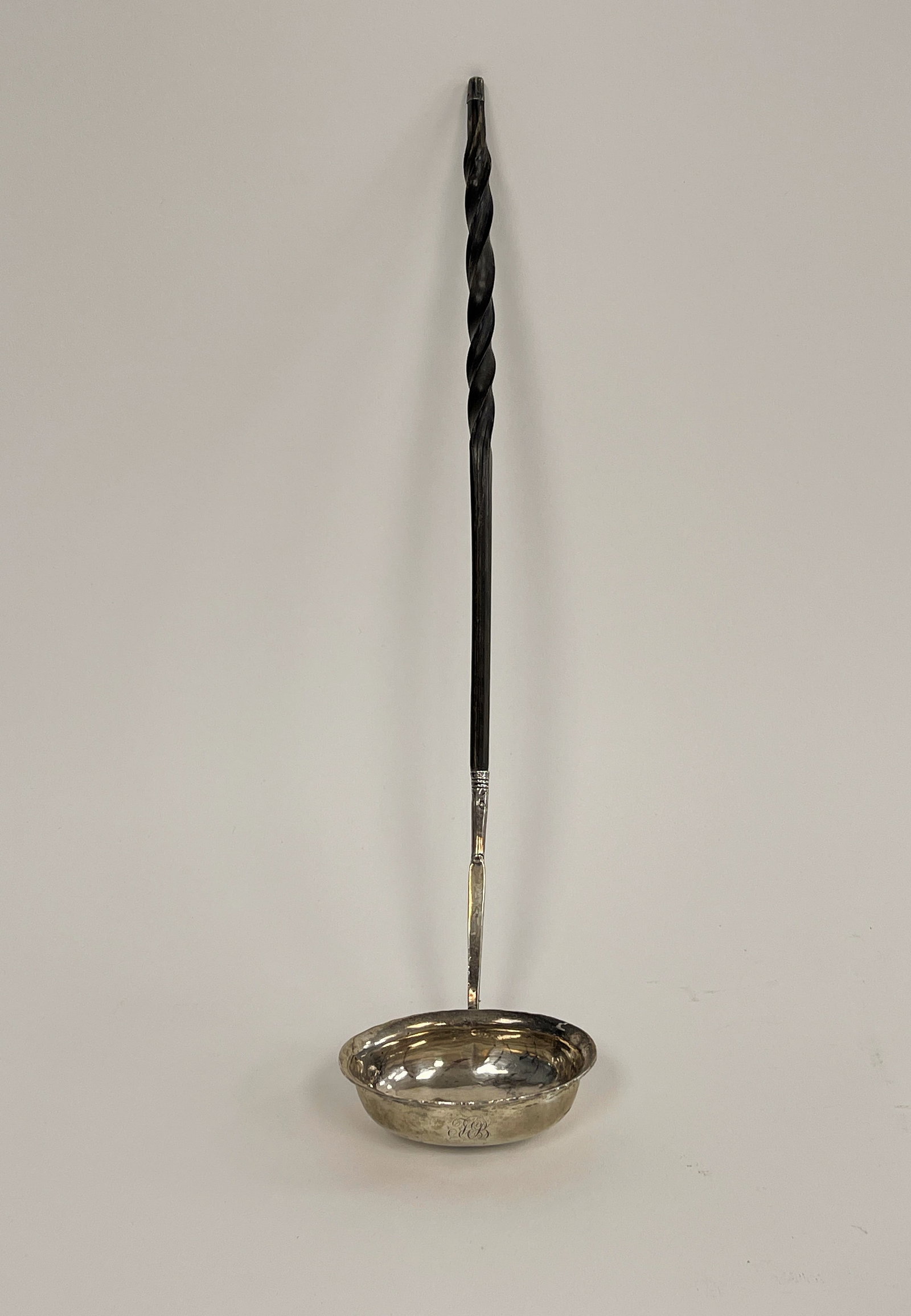 BALEEN HANDLED FRENCH SILVER WINE TASTER W/ 1753 LOUIS XV COIN IN WELL (1715-1774): BALEEN HANDLED FRENCH SILVER WINE TASTER W/ 1753 LOUIS XV COIN IN WELL (1715-1774)13 X 3