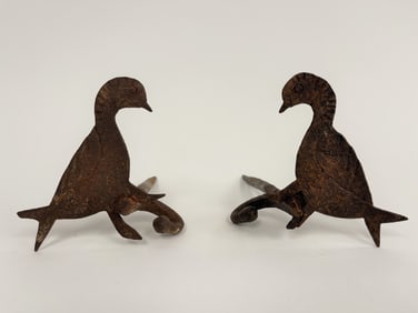 PAIR OF PEAFOWL APPOINTED FORGED IRON BEAM HOOKS, 18THC