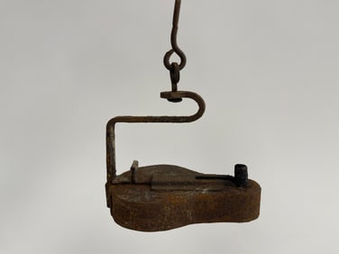 UNUSUAL CAST IRON BETTY LAMP W/ SLIDING FILLER DOOR ON WELL, & FORGED IRON HOOK