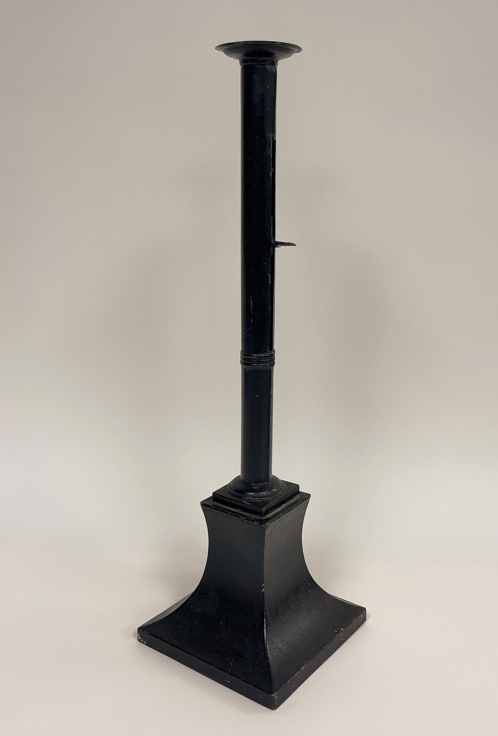 HUGE WEIGHTED BOTTOM CANDLESTICK: HUGE WEIGHTED BOTTOM CANDLESTICK, BLACK , WORKING PUSHUP, 18.75 " TALL