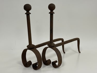 EARLY WROUGHT IRON PAIR OF ANDIRONS