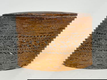 SMALL CARVED MICMAC NATIVE AMERICAN BOX WITH WOODEN COVER AND SHOT REMNANTS