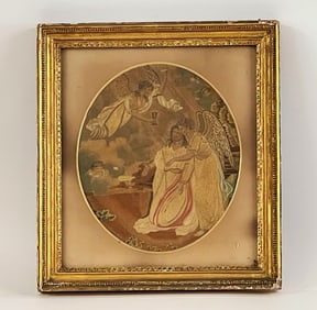 C. 1800 RELIGIOUS NEEDLEWORK IN A GILT FRAME W/ MAKER’S LABEL ON REVERSE