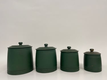 SET OF 4 GRADUATED SPICE BARRELS W/ COVERS, PAINTED GREEN