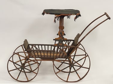 CHILD SIZE TOY WOODEN DOLL STROLLER W/ “SURRY WITH THE FRINGE ON TOP?? DECORATION