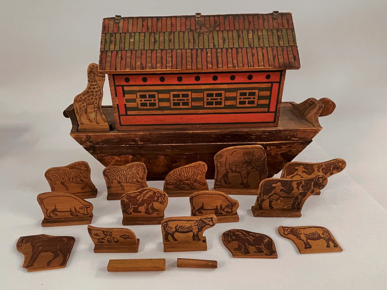 CARVED & POLYCHROMED NOAH’S ARK W/ ANIMALS WITHIN (1 of 8)