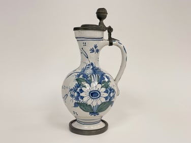 EARLY DUTCH PEWTER TOPPED DELFT FLORAL DECORATED EWER