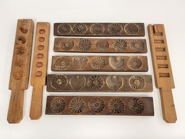 8 CARVED WOODEN MAPLE SUGAR MOULDS