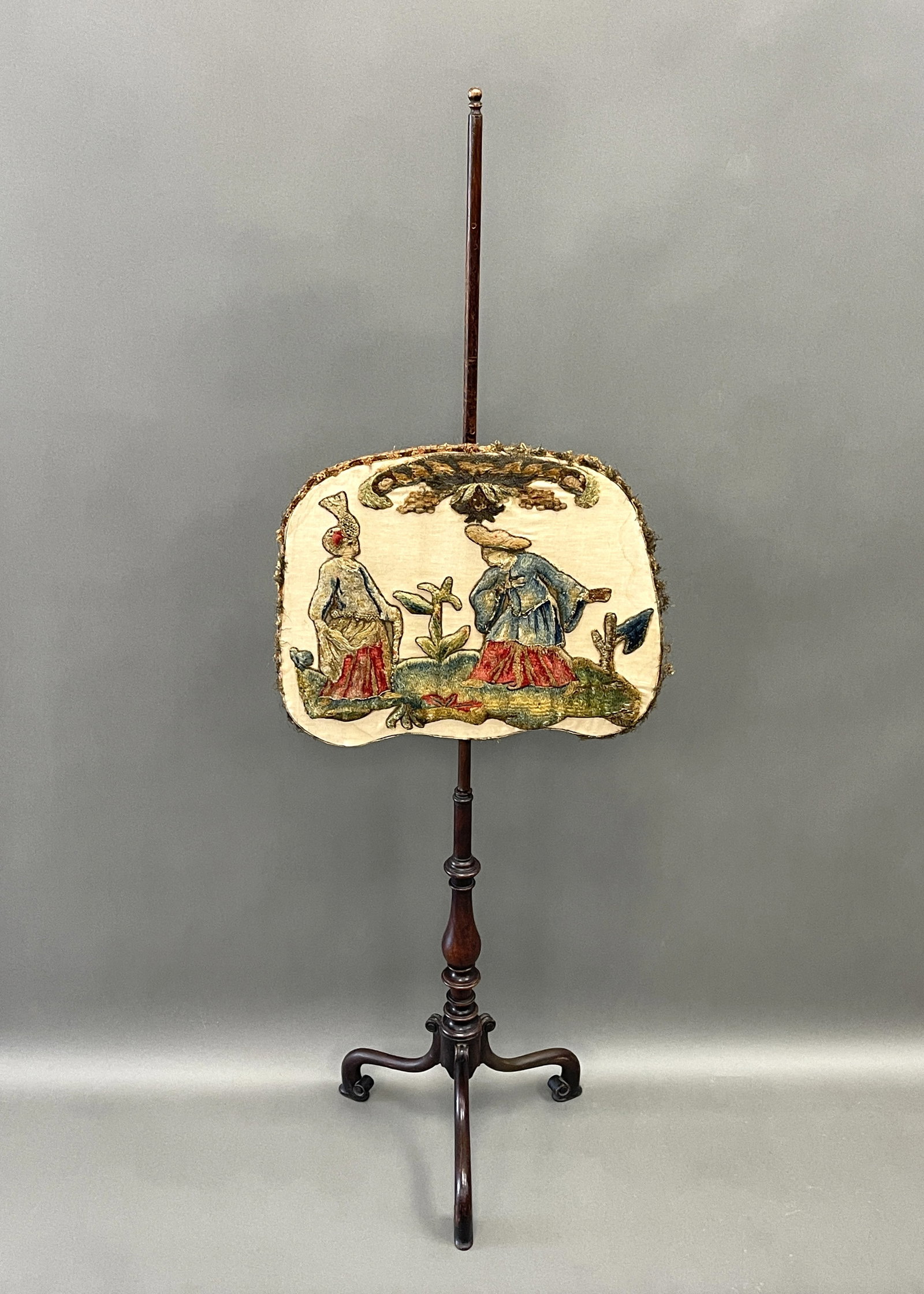 POLE SCREEN WITH CHINOISERIE STUMPWORK SCREEN: POLE SCREEN WITH CHINOISERIE STUMPWORK SCREEN . REPAIR TO POLE, 52 X 20W